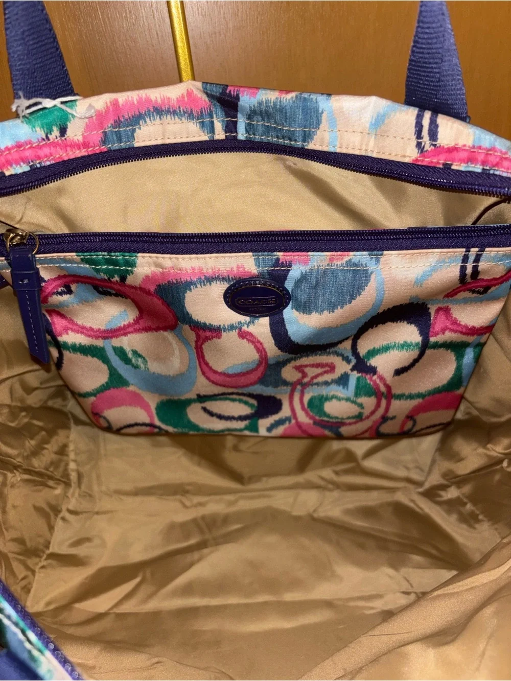 Coach Multicolor Signature Circle Print Tote with Navy Straps